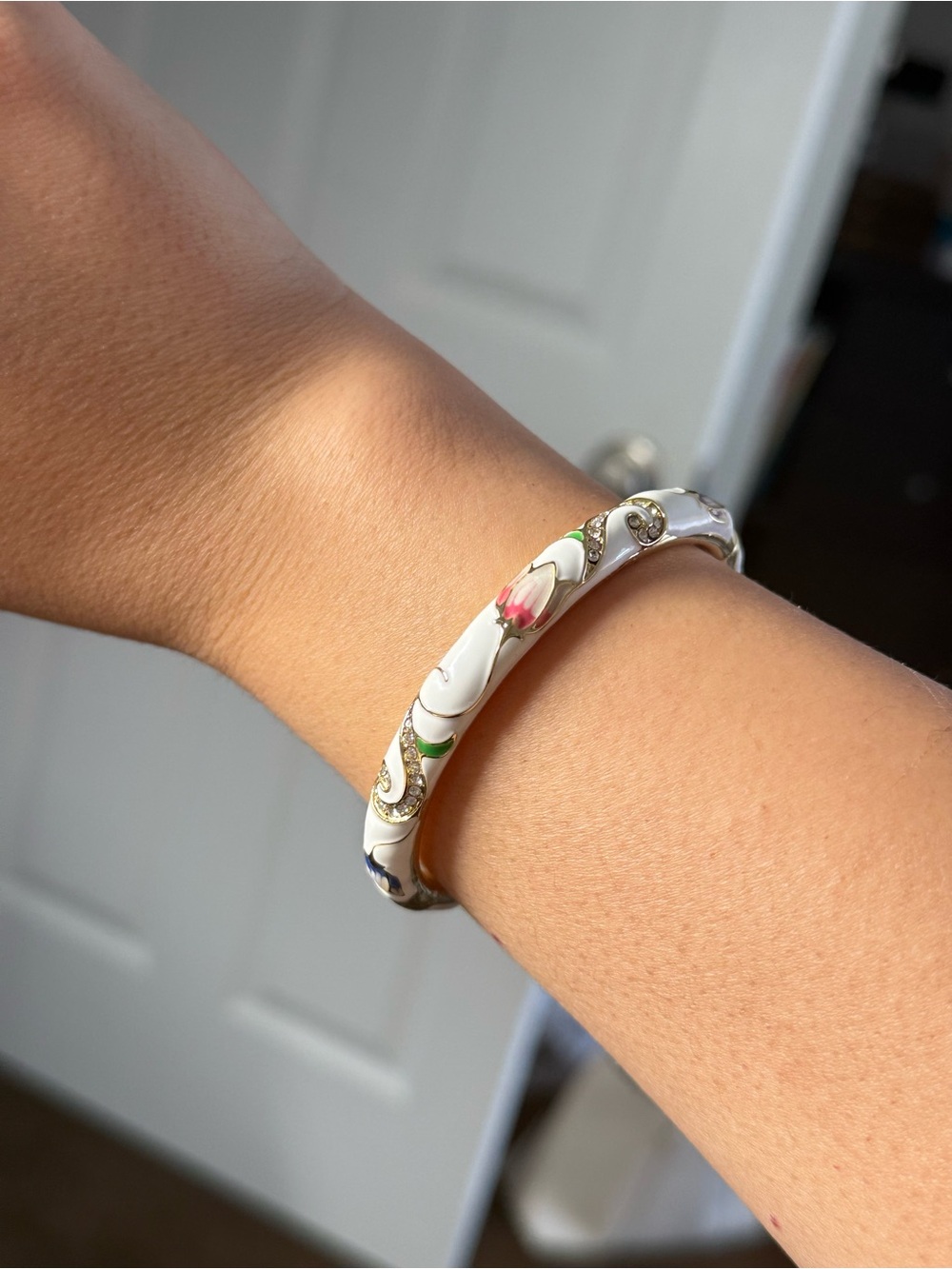 White Floral Enamel Bangle Bracelet with Pink Accents